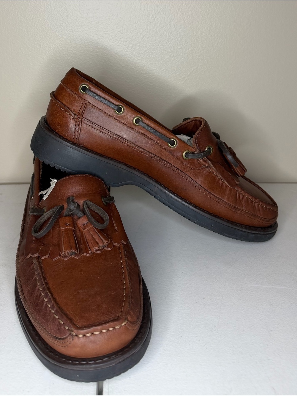 Deer Stags Chestnut Brown Leather Tassel Boat Loafers